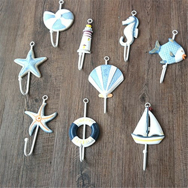 Unique Mediterranean Style Star Fish Conch Shell Ect. Wall Hooks Hangers (9PCS)