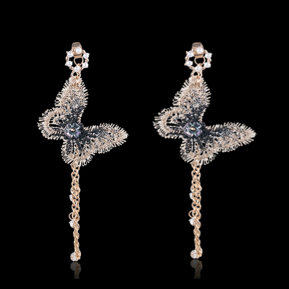 Fashion Embroidery Butterfly Long Tassel Crystal Drop Dangle Earrings Jewelry