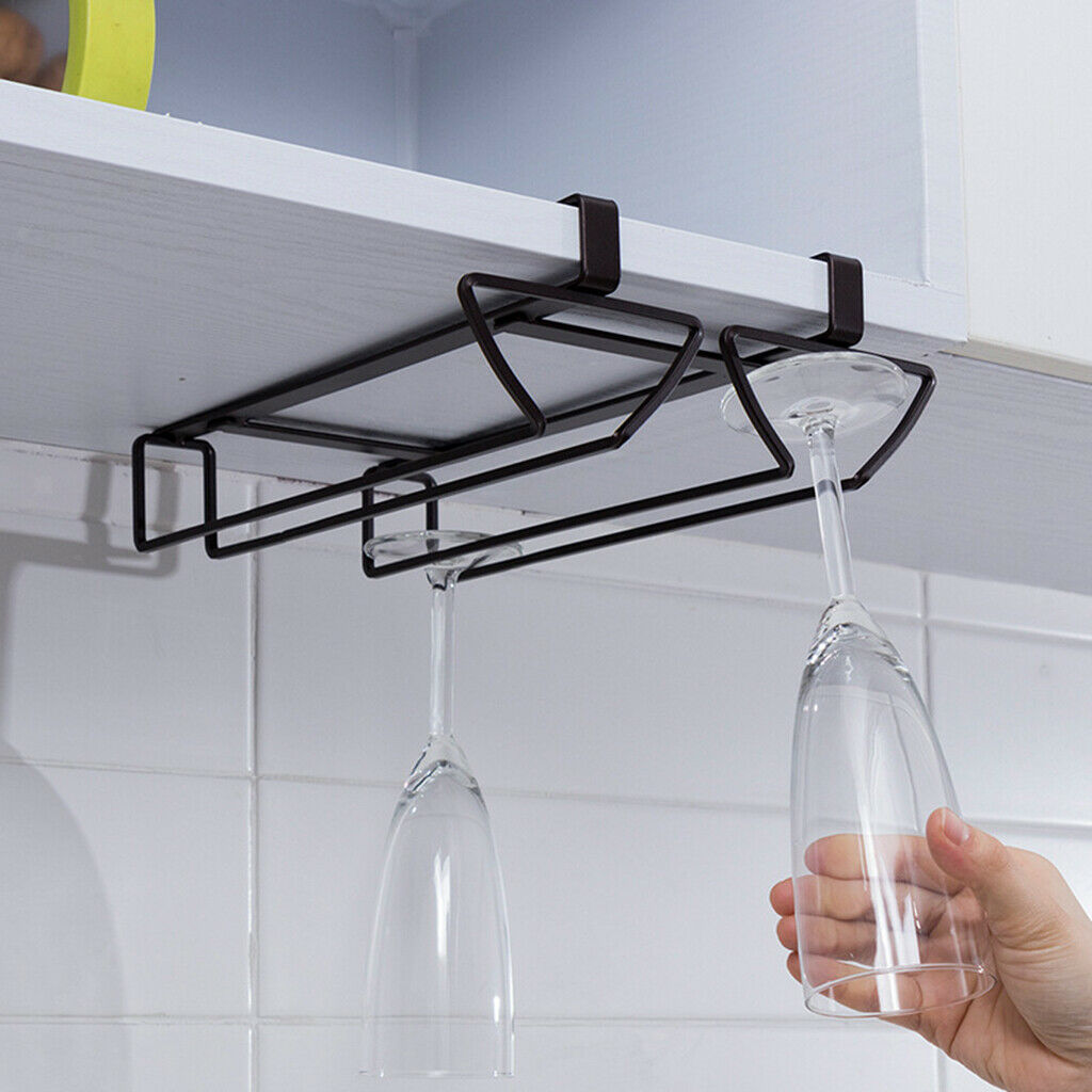 Under Cabinet Row Wine Glass Rack Hanging Cup Home Stemware Hanger Shelf