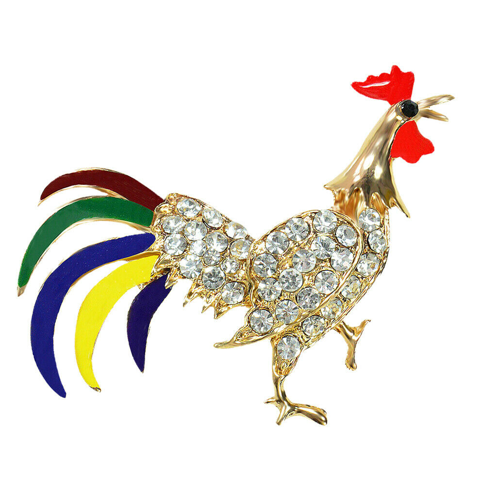 Rooster Cock Brooch Pin Zodiac Animal Enamel with Sparkling Zircons golden