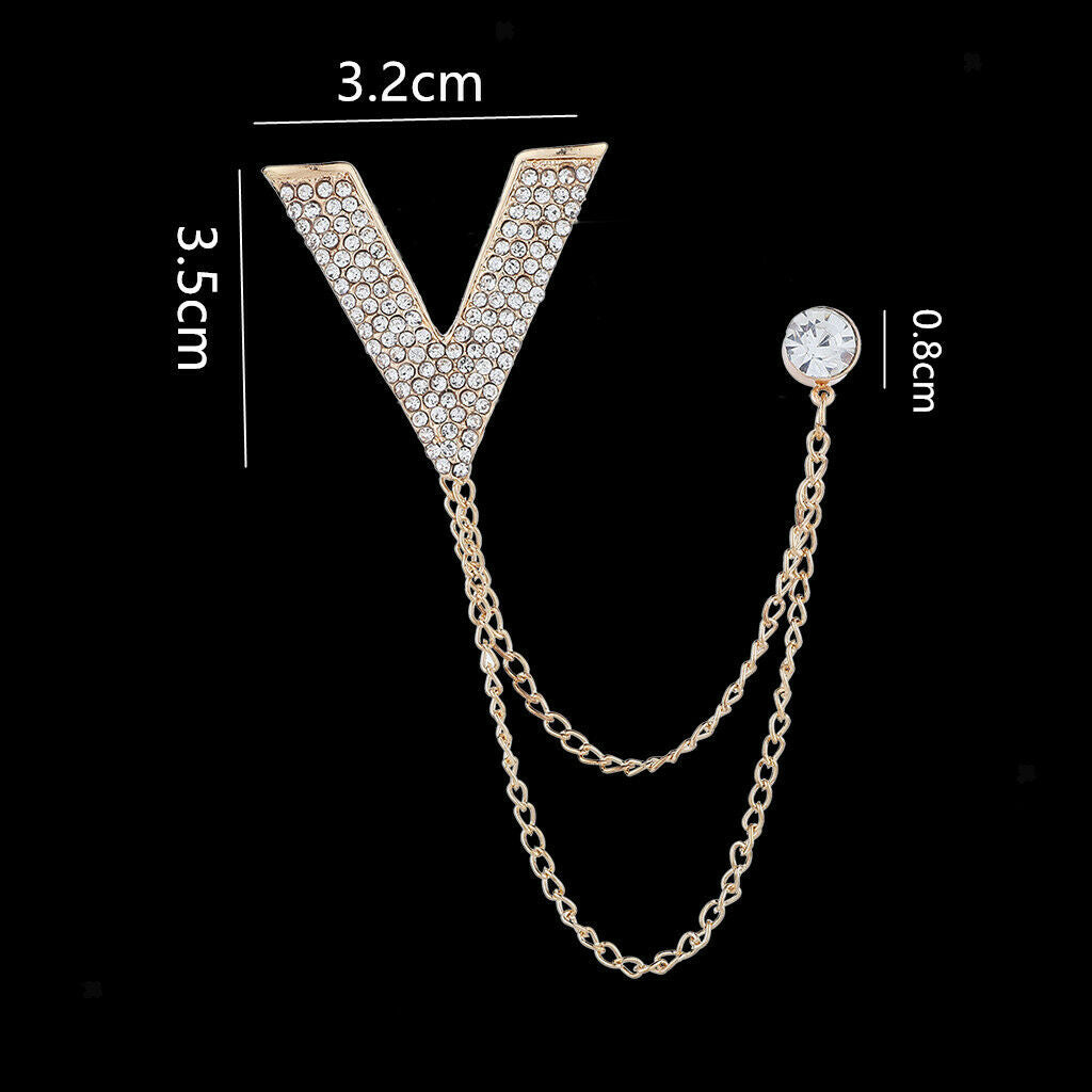 2x Crystal V Brooch Chain Collar Lapel Pin Wedding Party Tuxedo Shirt Stud