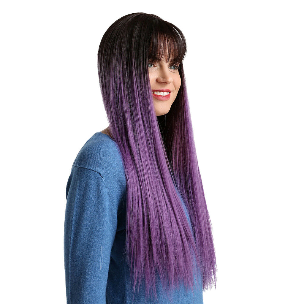 Purple Long Straight Wig with Flat Bangs Synthetic Wig for Women 28Inchs