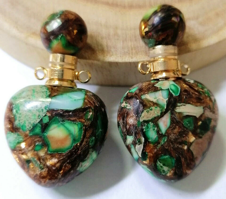 2Pcs 38x23x13mm Green Sea Sediment Jasper Perfume Bottle Heart Pendant HH6775