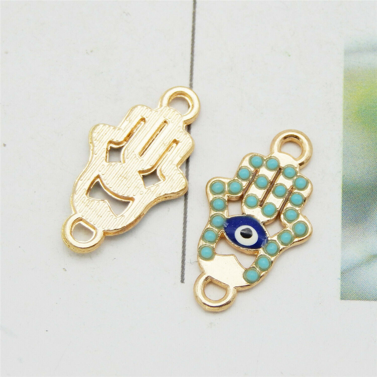 12 Alloy Rhinestone Enamel Hand Charm Evil Eye Pendant Connector Making 22X12mm