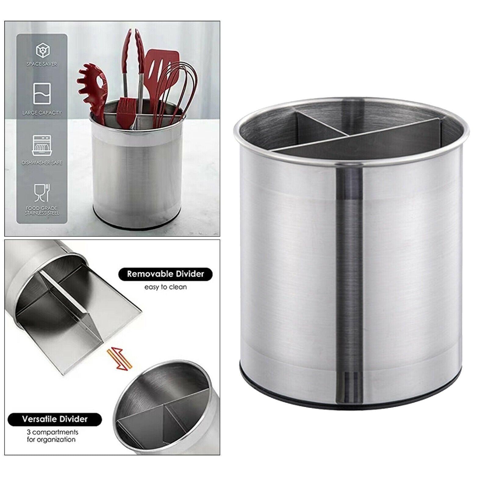 Stainless Steel Rotating Tableware Storage Bucket with Removable Divider