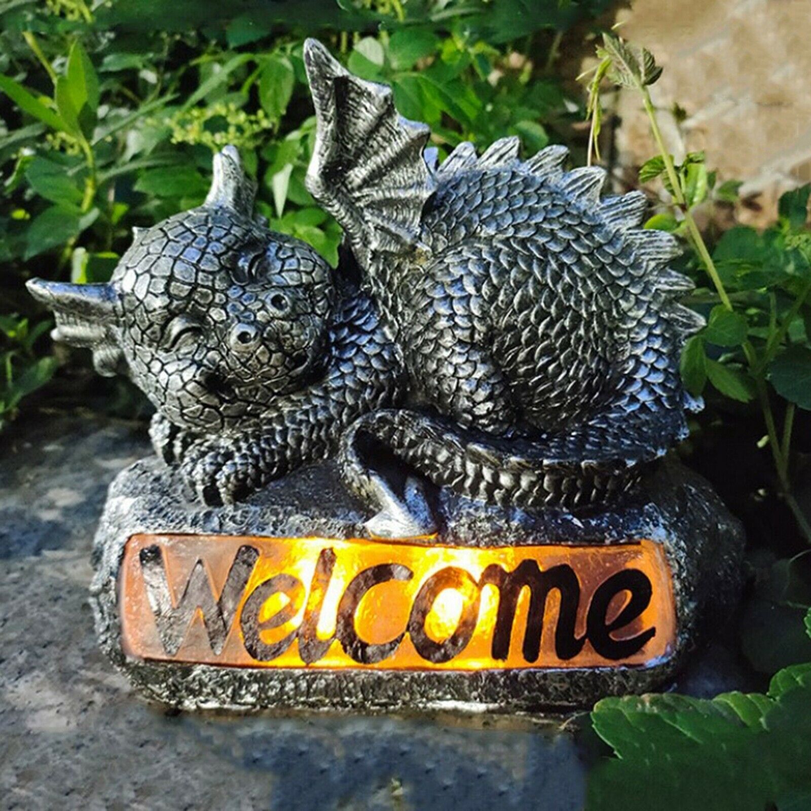 Animal Solar LED Polyresin Welcome Sign Garden Sleeping Home Fountain Decor