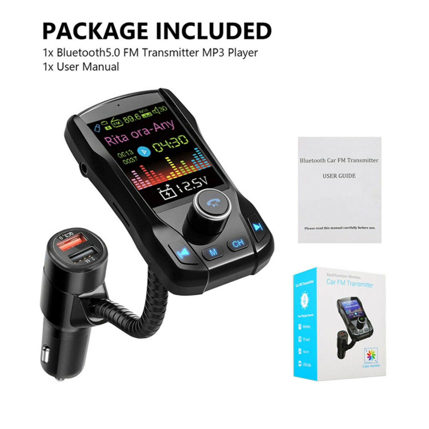 1.8 inch Car Bluetooth 5.0 FM Transmitter MP3 Wireless Adapter Dual USB Charger