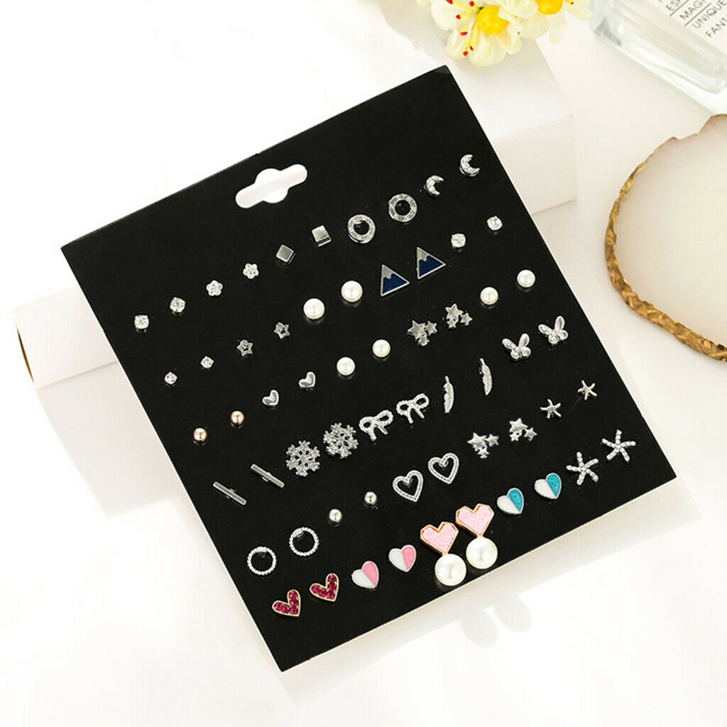 Set of 30 Female Casual Crystal Butterfly Moon Mixed Ear Studs Earrings Set