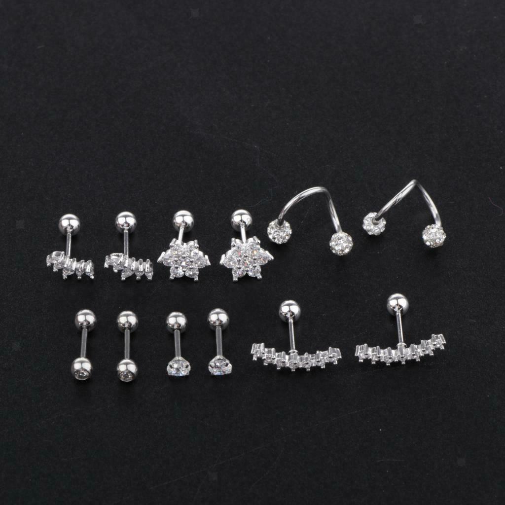6 Pairs Stainless Steel Ball Earrings Flower Ear Studs and Diamond Ball S