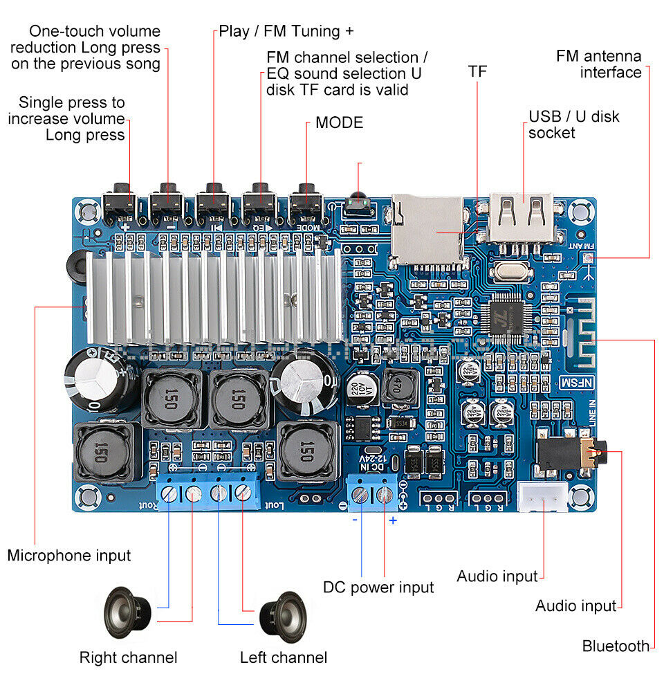 TPA3116 Bluetooth 5.0 Power Digital Amplifier Board 50Wx2 Stereo 2.0 Channel K9