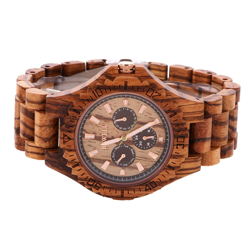 Mens Quartz Watch with Date Day Luminous Hands Lightweight Wooden Wristwatch