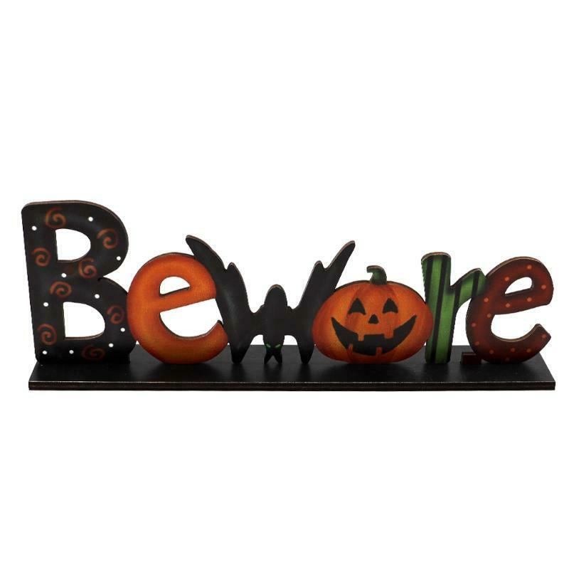 Halloween Wooden Table Decor Beware Letters Pumpkin Sign Party Desktop Ornament