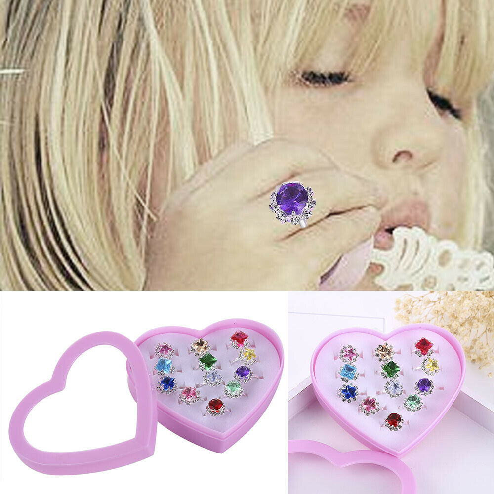 12*Kids Child Diamate Ring Set Adjustable Crystal Rings Costume Jewelry w/Box US