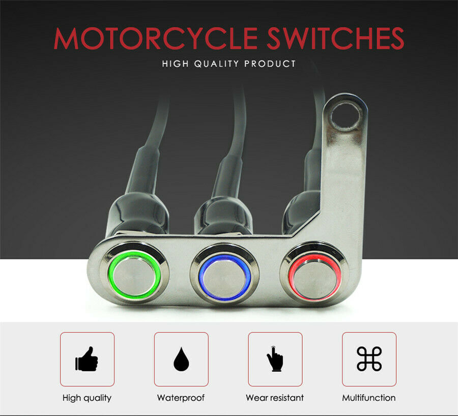Water Resistant Left Side 3 Button Motorcycle Switch Momentary +Latching Action