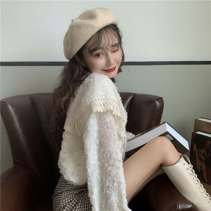 Girls Lolita Shirt Tops Embroidered Blouse Button Long Puff Sleeve Shawl Collar