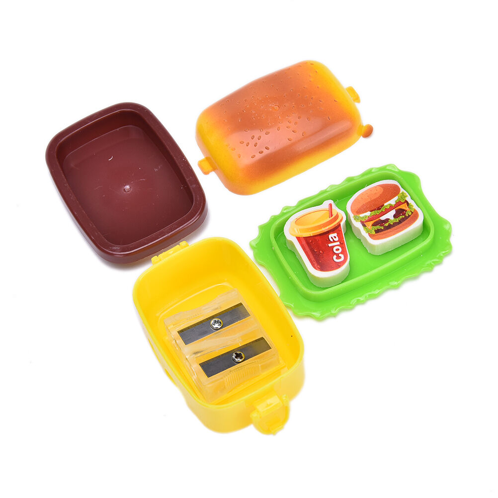 Stationery Hamburger Pencil Sharpener with Two Rubbers Eraser Student Kids.l8