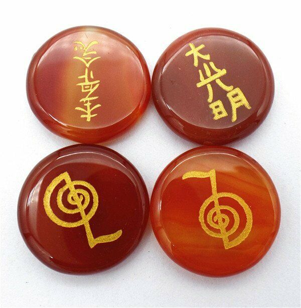 4Pcs 25x6mm Red Agate 7 Chakra Symbol Healing Reiki Stone Set Decor HH7684