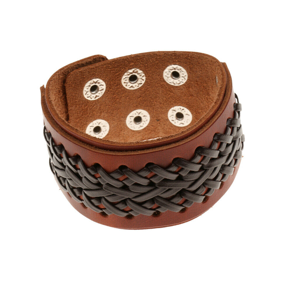 Brown Punk Braided Mens Wide Leather Wristband Snap Buttons Bangle Bracelet