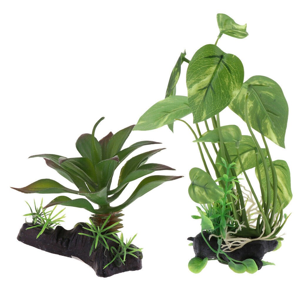 2Pcs Artificial Fish Tank Vivarium Ornaments Reptile Habitat Plants Green
