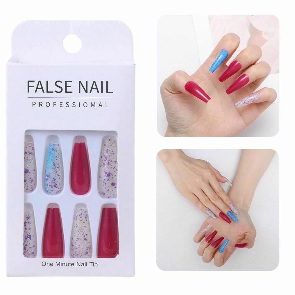 Ballerina Extra Long Color mixing T-shaped Coffin Nail Tip Sequins False Nails