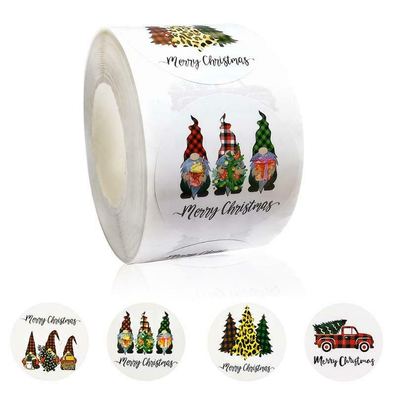 500Pcs Merry Christmas Round Stickers Roll Gnome Xmas Tree Truck Adhesive Labels