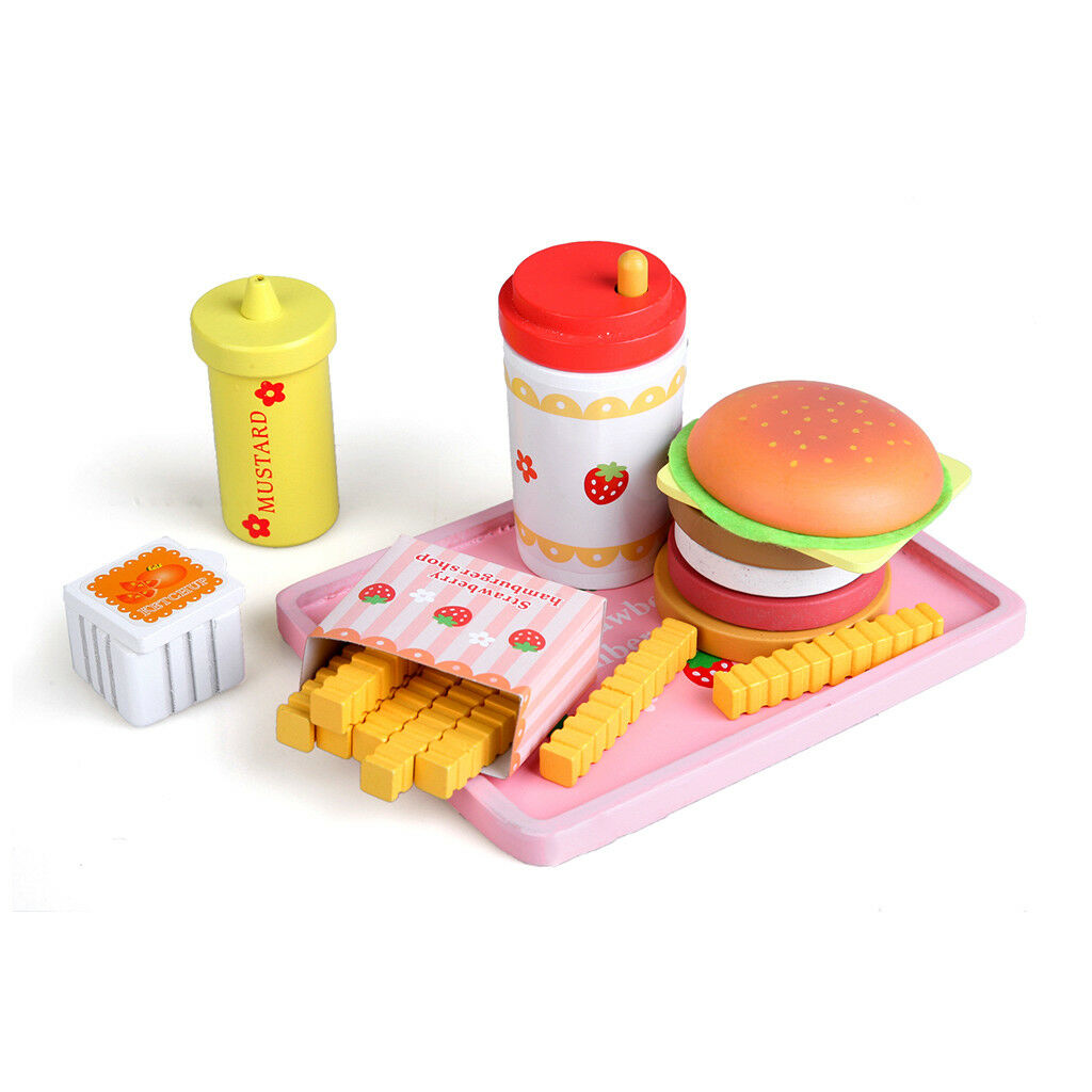 Kitchen Wooden Hamburger French Fries Food Toys Set for Kids Pretend Play