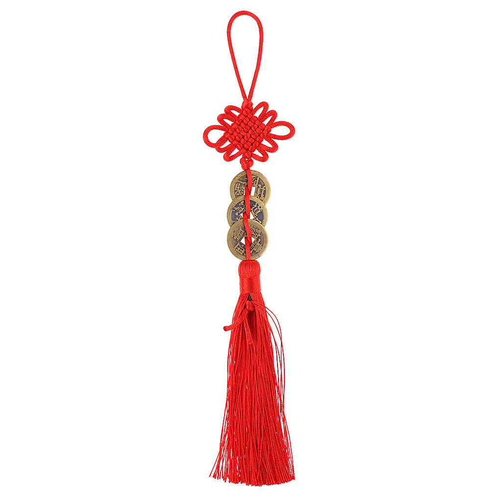 2" Chinese Knot Tassel Hanger Feng Shui 3 Coins Pendant Car Hanging Amulet