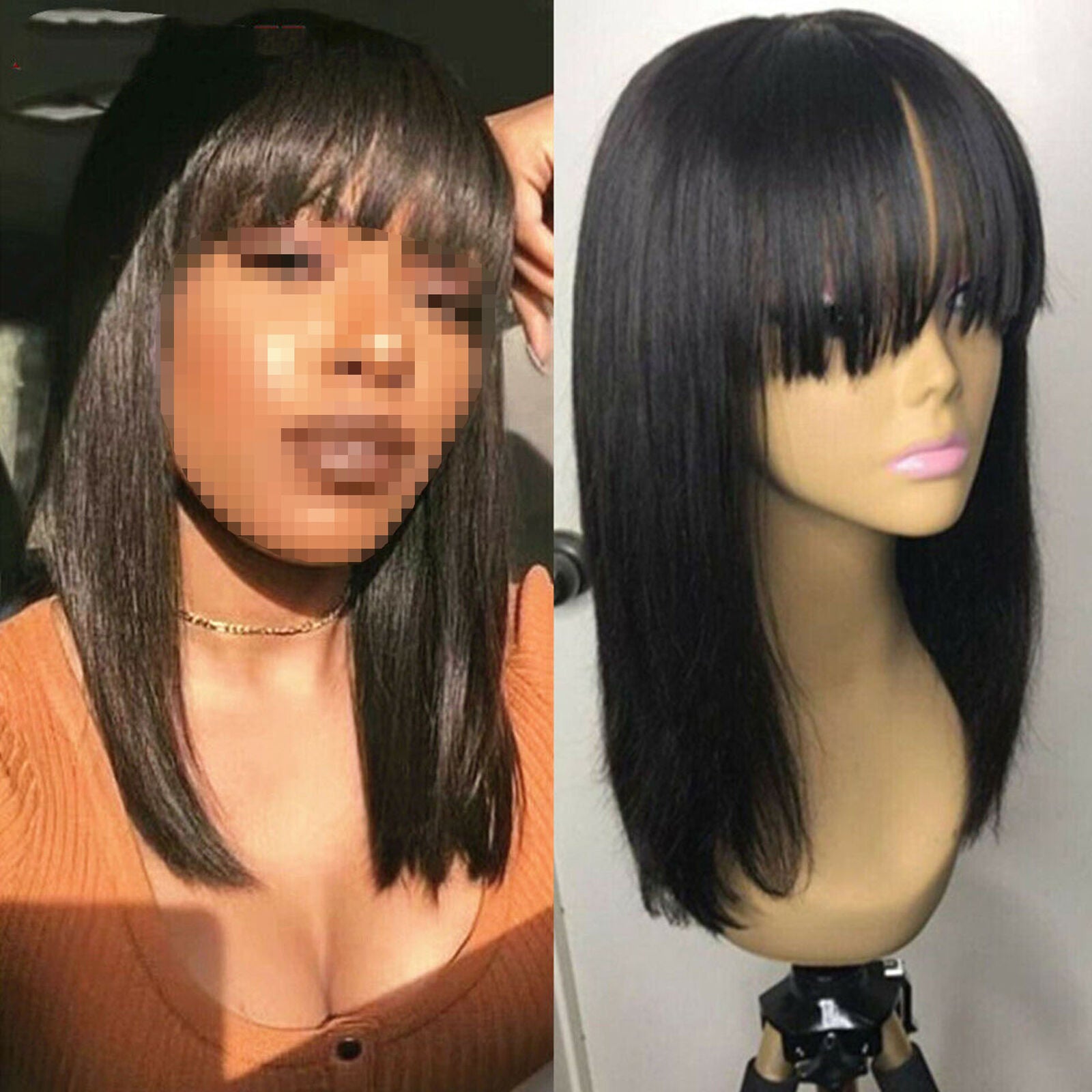 Short Bob Straight Full Bangs Synthetic None Lace Wig Glueless Hair Wigs