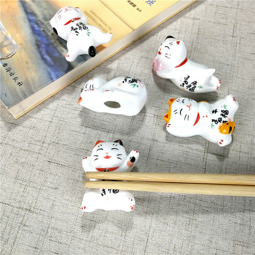 5Pcs Japanese Lucky Cat Ceramic Chopstick Holder Spoon Rest Rack Decor Cutlery