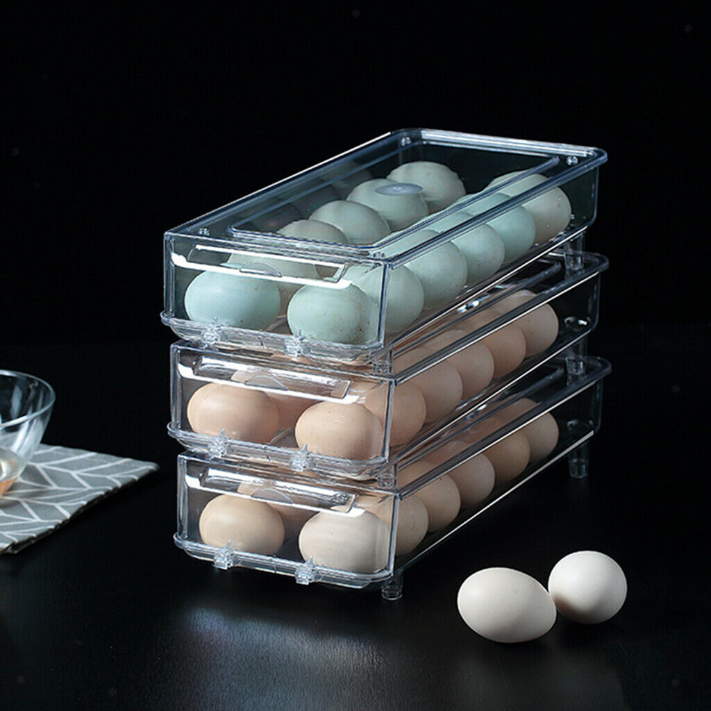 Stackable egg holder drawer that scrolls down automatically