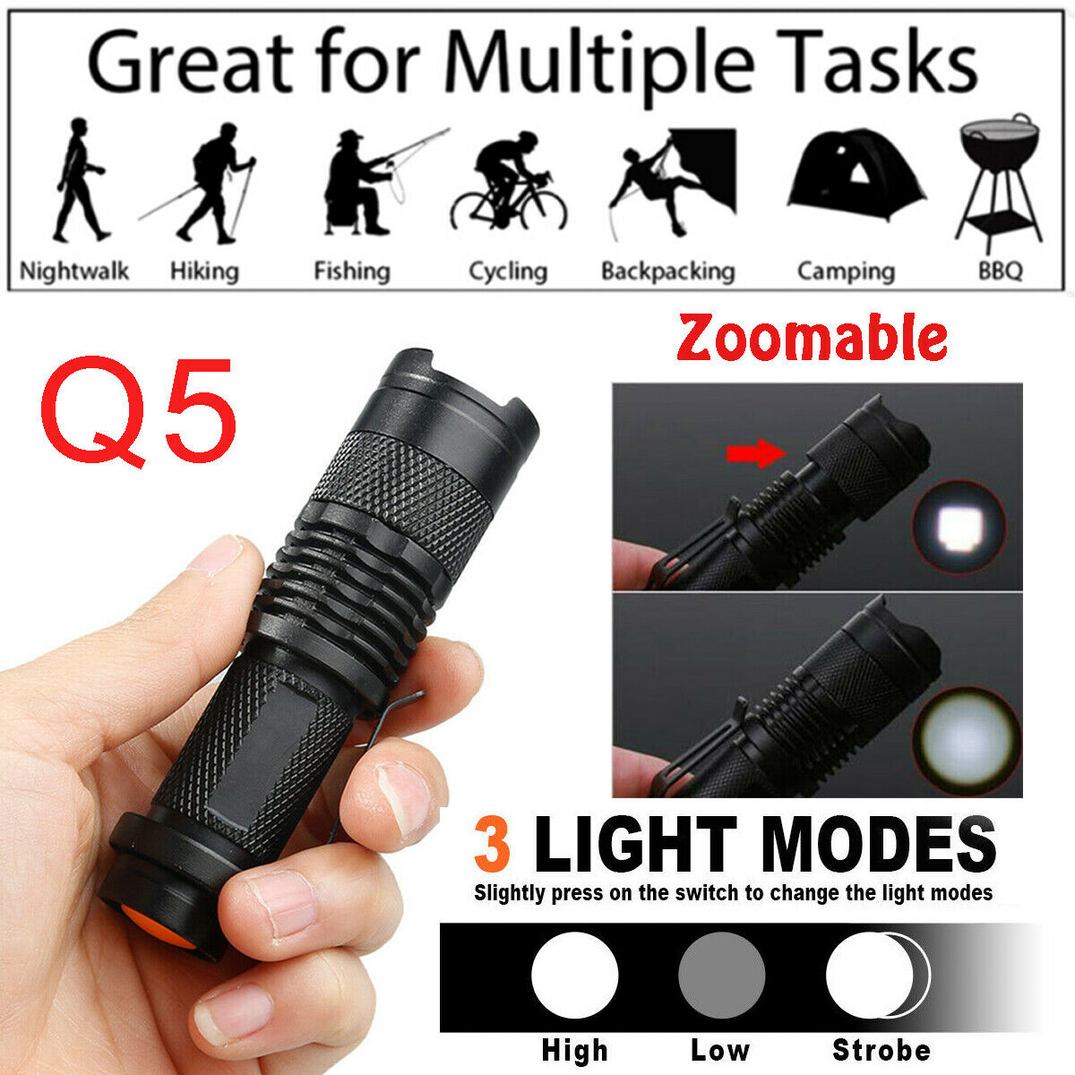 Bright 8000LM Q5 LED Flashlight Mini Zoomable Torch Potable Light For Hiking