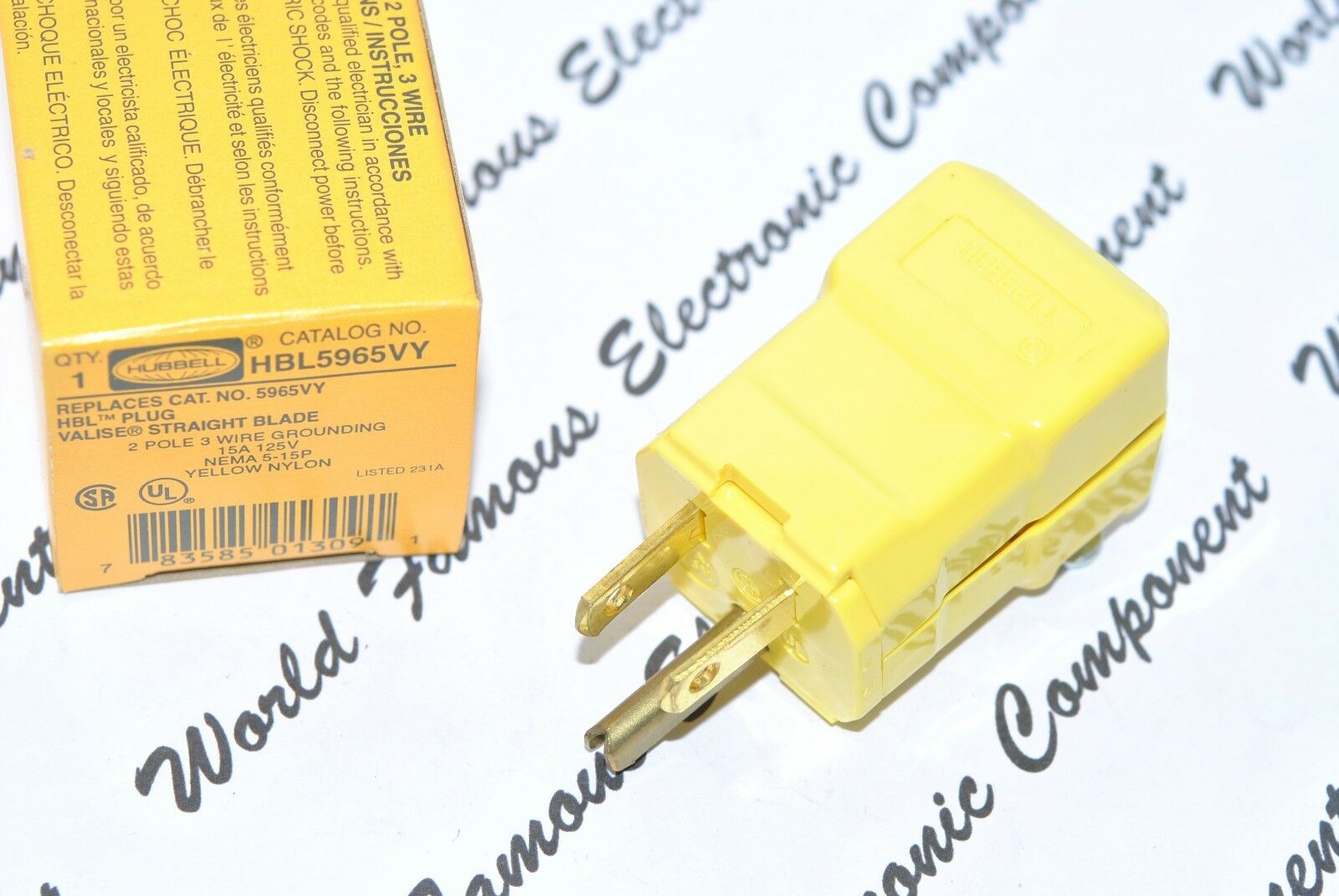 1pcs - HUBBELL HBL5965VY 15A 125V 5-15P Yellow Nylon Straight Plug - NIB