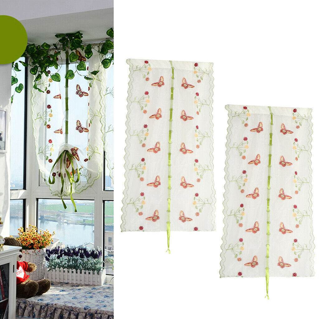 Set of 2 Butterfly Embroidered Roman Curtain Balloon Curtains Sheer Window