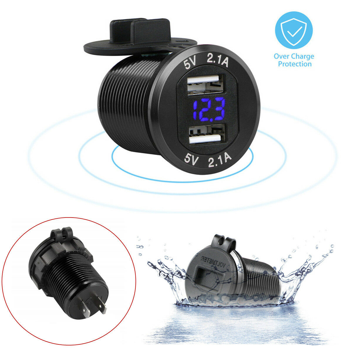 2 In 1 Aluminum Dual USB Car Charger w/ Waterproof Cap +LED Battery Volt Monitor