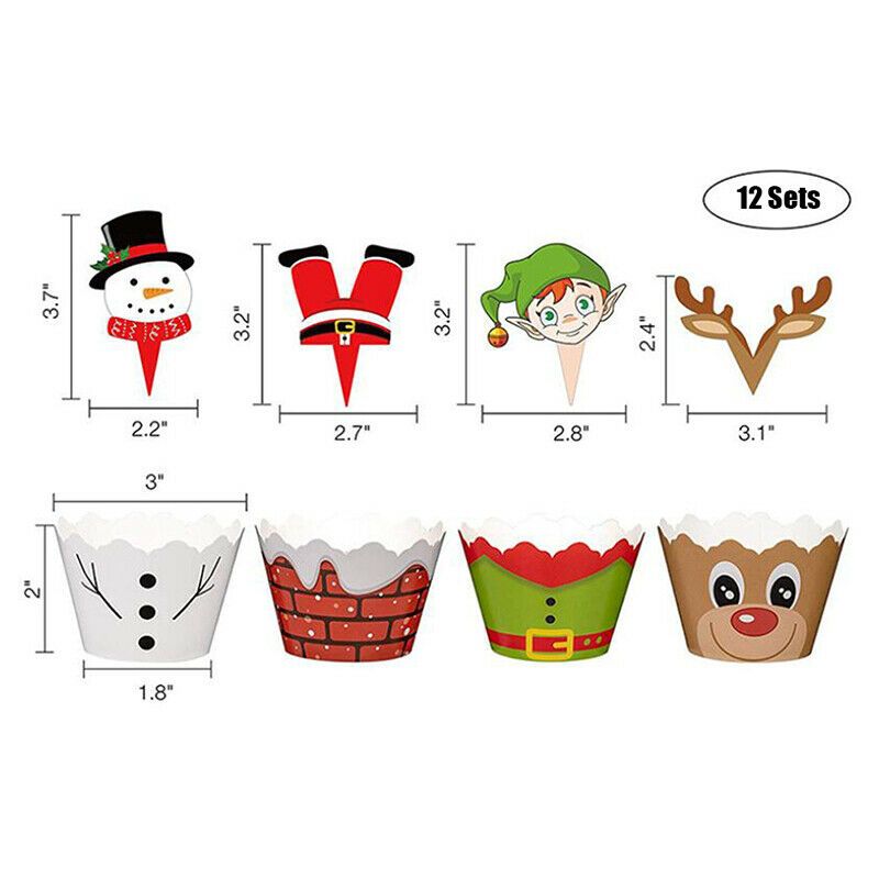 24X Christmas Snowman Santa Claus Cupcake Toppers And Wrappers Xmas Decor.l8