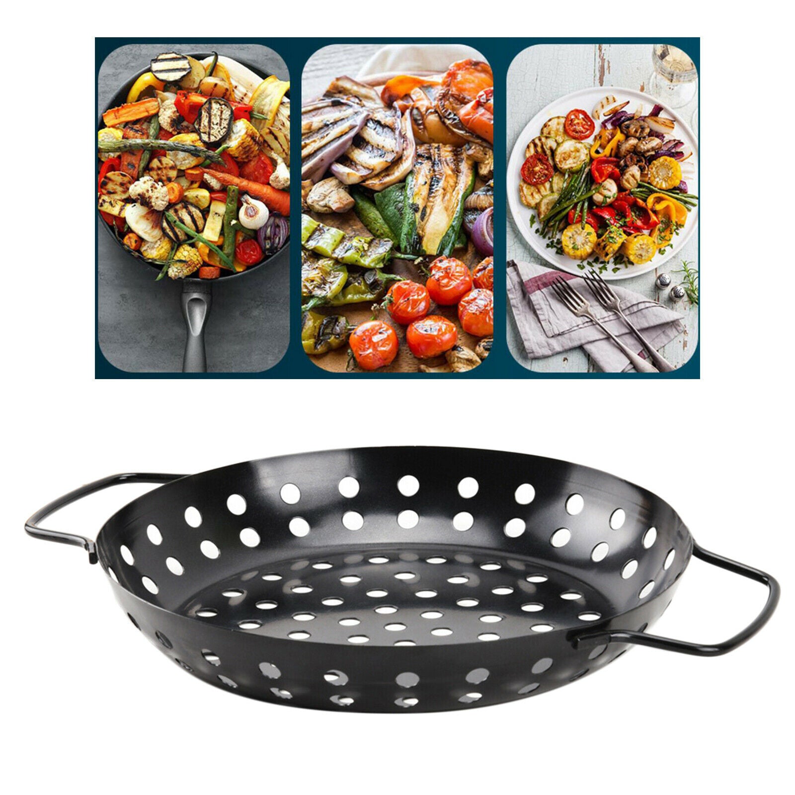 Carbon Steel BBQ Grill Pan Veggie Fruit Non-Stick Coating Pizza Tray Party