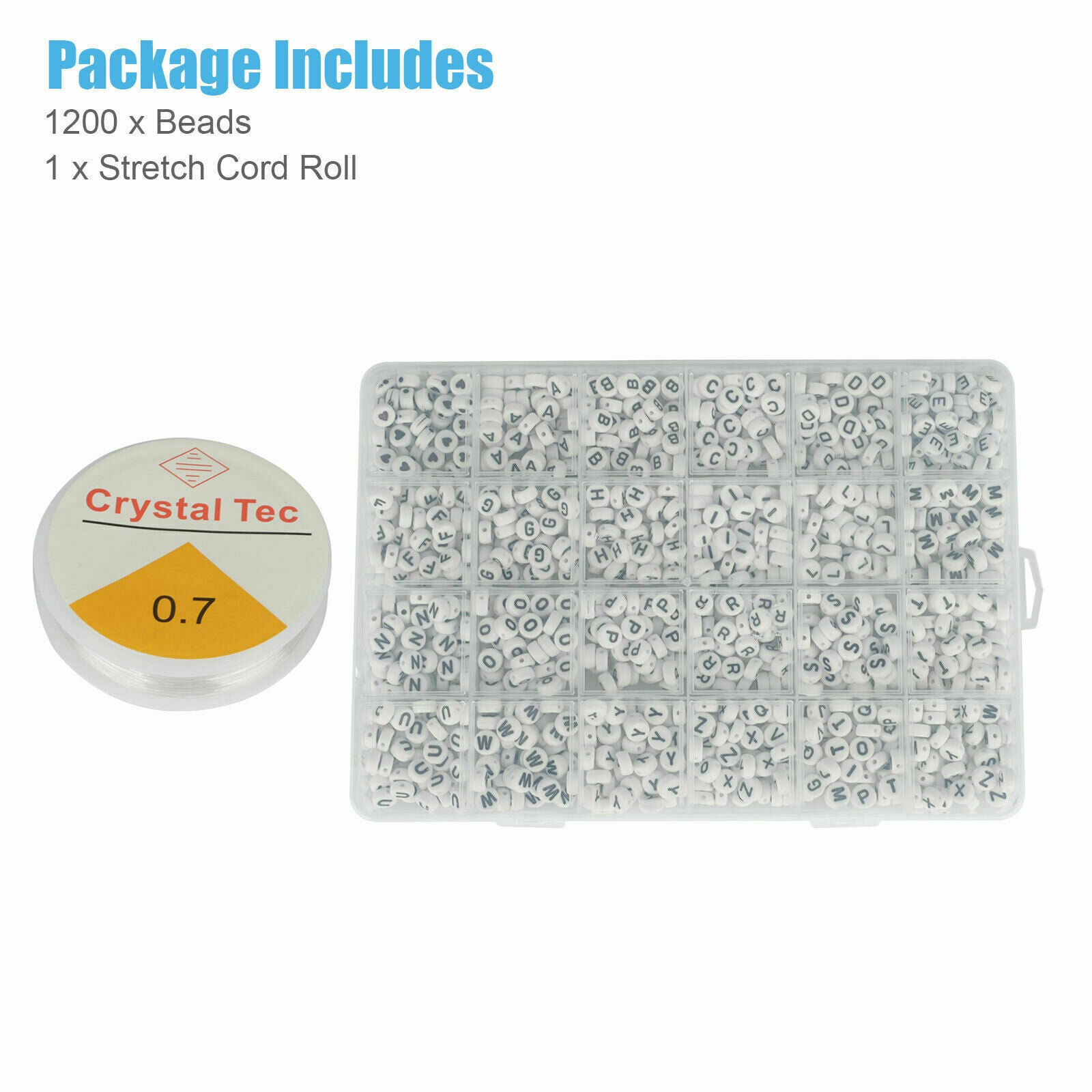 1200PCS White Letter 7mm/0.28in Disc Shape Alphabet Beads Multi A-Z DIY Craft