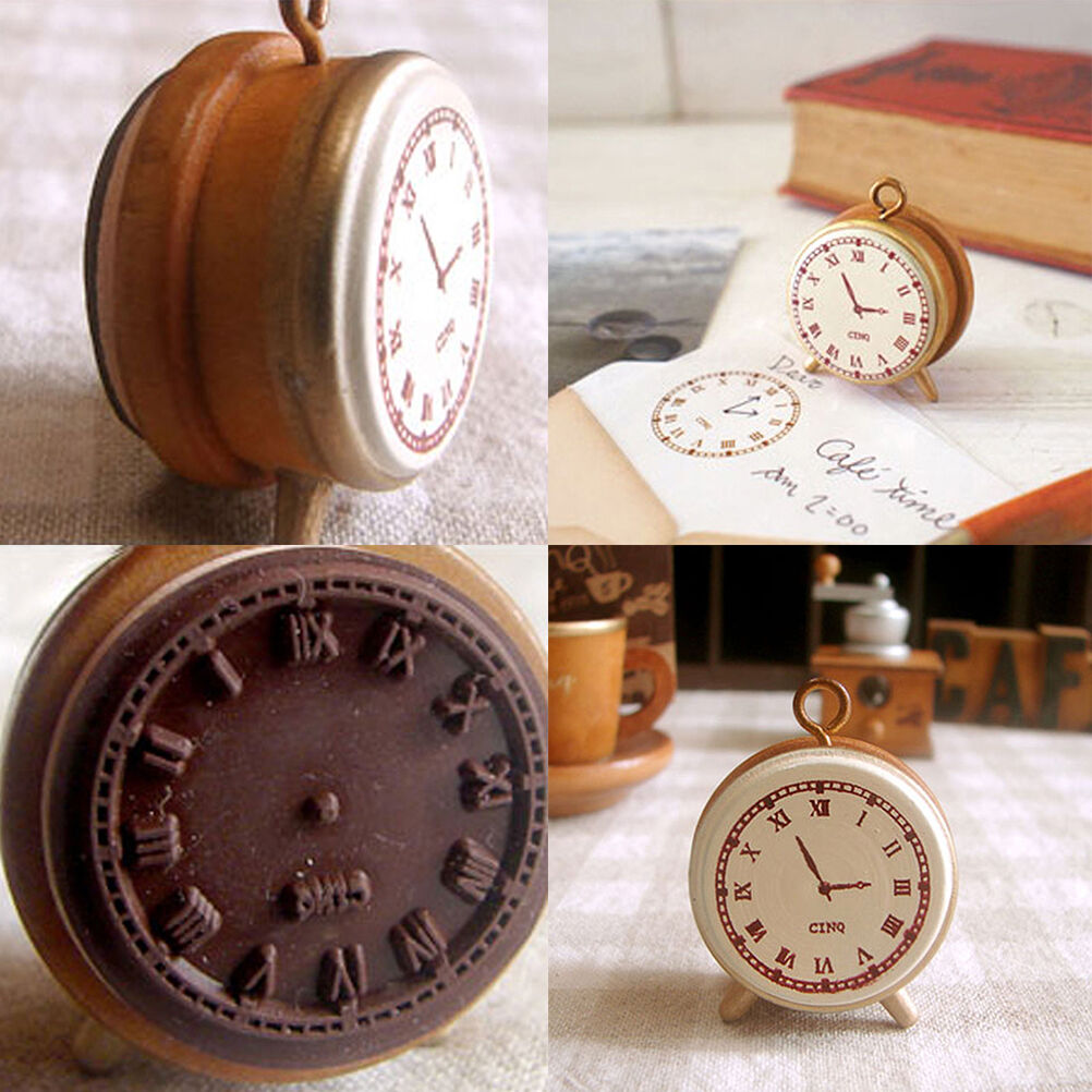 Hot Wooden Rubber Stamp Seal Classic Alarm Clock For Diary Scrapbook Decor LBDA