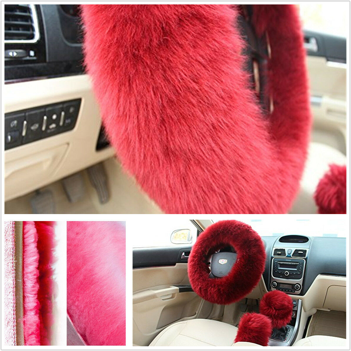 3Pcs/Set Fur Car Steering Wheel Cover Red Wine Color Wool Furry Winter Essential