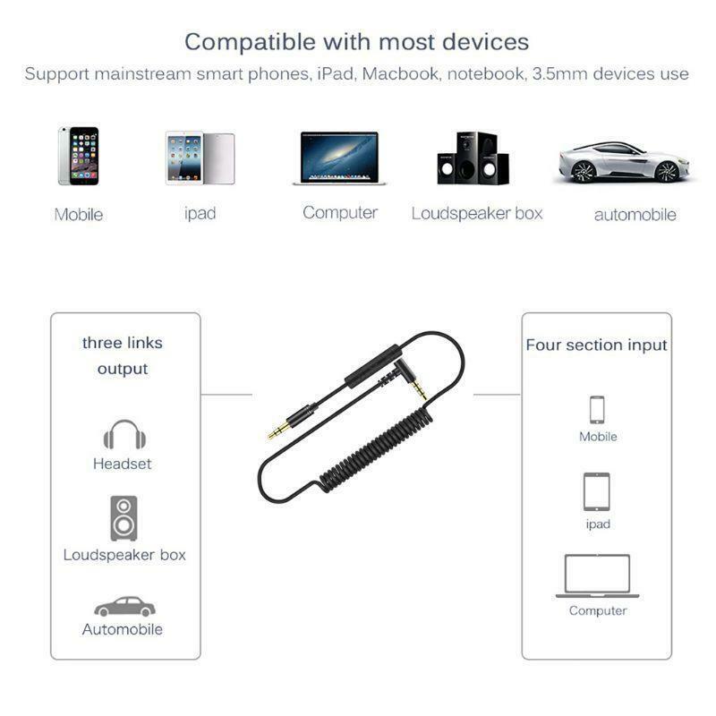 3.5mm Jack Aux Audio Cable With Mic Volume Control Stereo Flexible Spring Cord