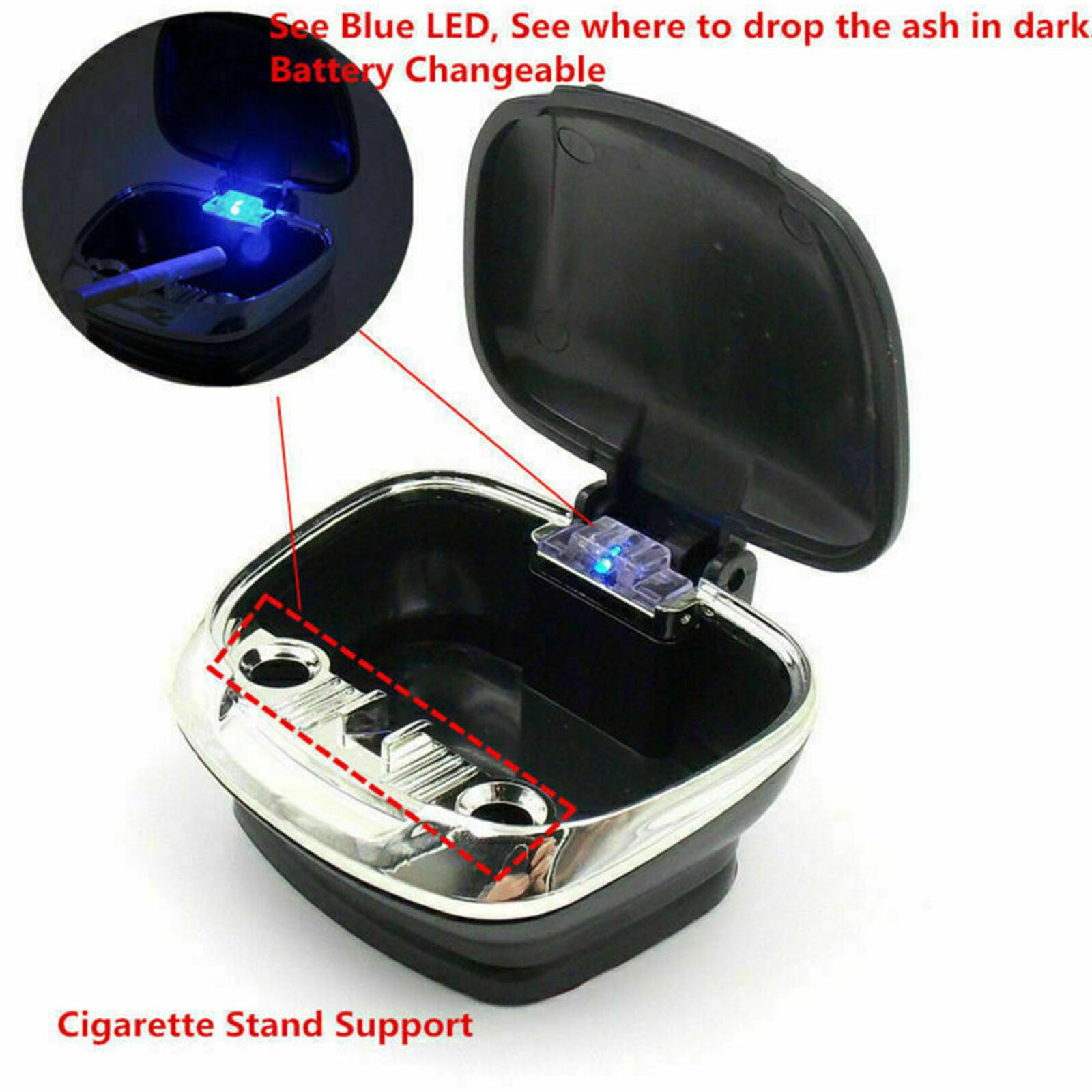 Inside Car Ashtray W/ Detachable Base Shell Shape LED Blue Light Universal Black