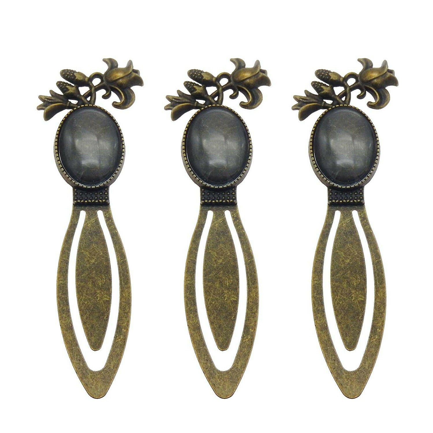 2sets Retro Bronze Alloy Floral Bookmarks Oval Blanks w/ Glass Cabochons 25x18mm