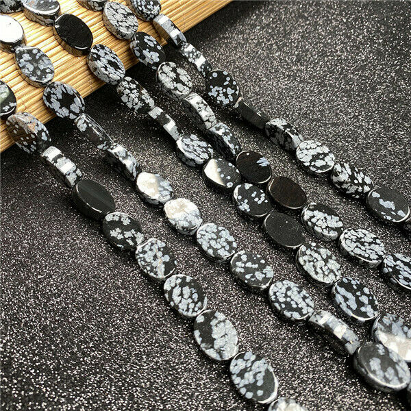 1 Strand/28Pcs 14x10x5mm Natural Snowflake Obsidian Oval Loose Beads 15.5" HH329