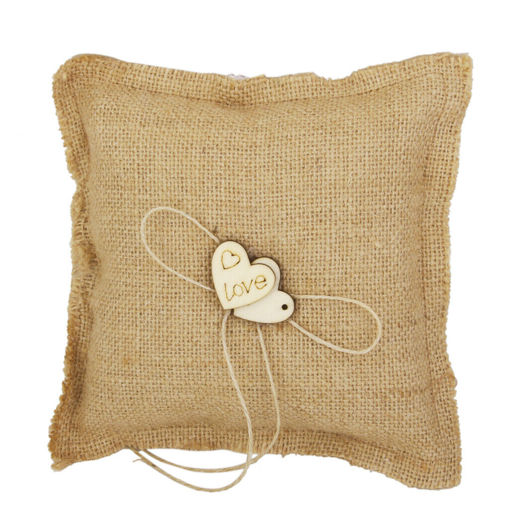 Burlap Hessian Rustic Country Wedding Cushion Pillow Carrier Wood Hearts
