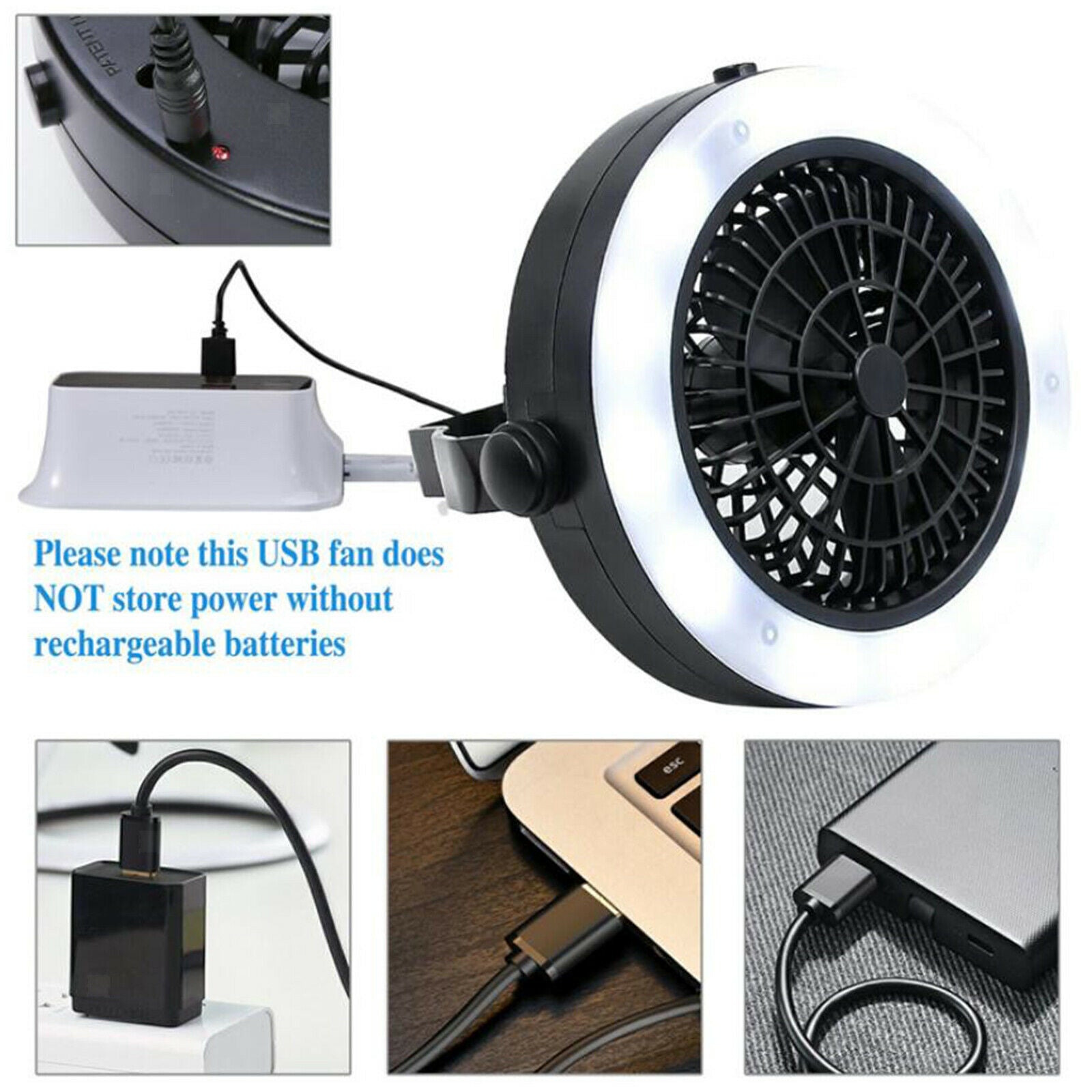 Tent Fan with Light Camping Lantern RV Traveling Travel Desk Fan with Hook
