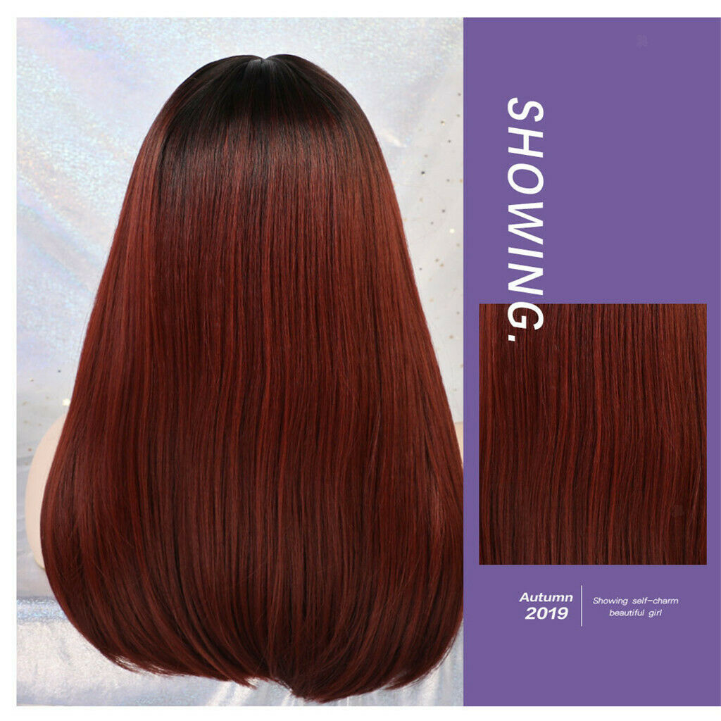 20'' Charming Straight Synthetic Wigs W/ Neat Bangs Ombre Wine Red Women Wig