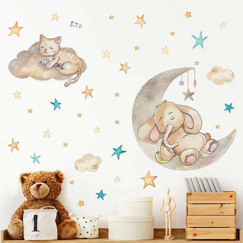 Cartoon Cat Elephant Sleeping On The Moon Wall Stickers For Baby Room Dec.l8