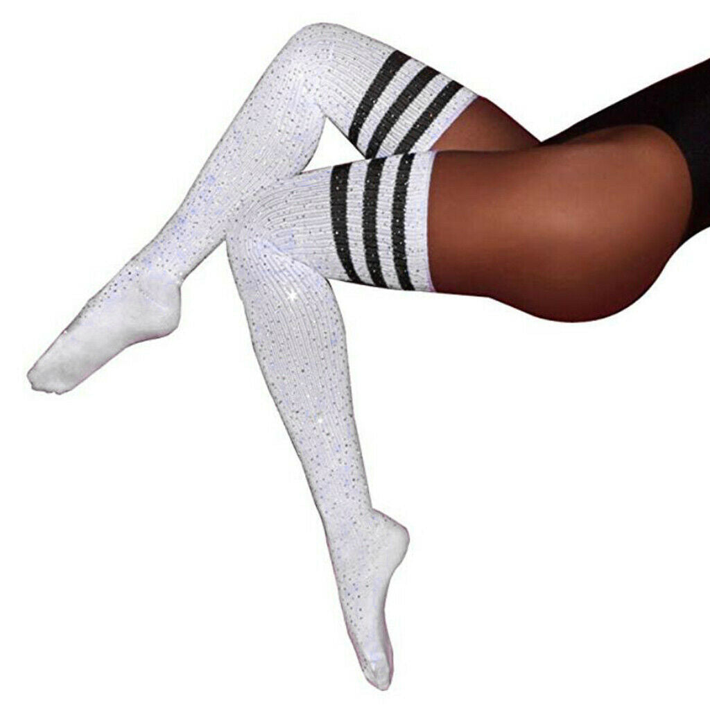 2Pairs Cotton Stripes Rhinestone Over Knee High Socks Casual Party Stockings