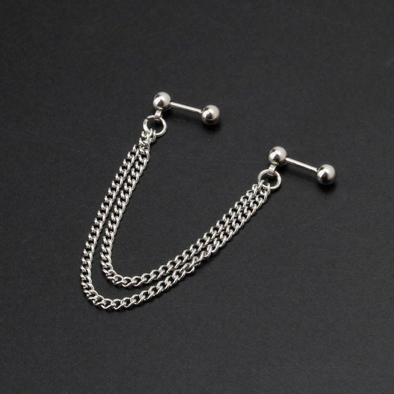 1Pc Punk Ball Stud Cartilage Ear Cuff Wrap Double Chain Piercing Unisex Earring