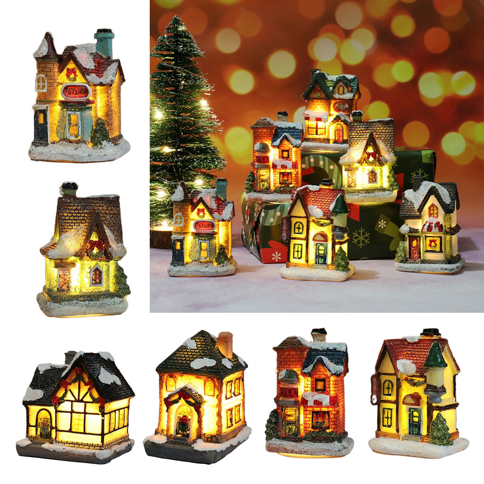 6pcs LED Christmas Snow Village House Table Garden Holiday Decoration Gift